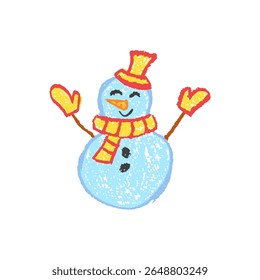 Cute Xmas snowman doodle with mittens and hat in pastel wax style, drawn by a kid. Perfect for children Christmas and New Year squiggle designs. Vector for school, kindergarten, or chalkboard art.