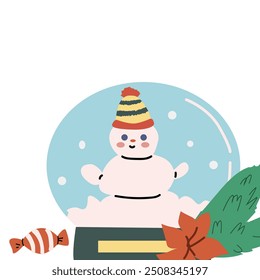 Cute xmas square greeting card with glass bauble and festive decorations. Hand drawn vector illustration. Flat cartoon xmas background.