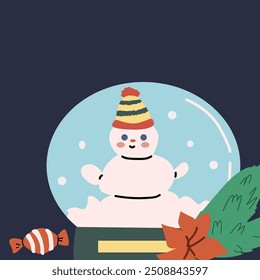Cute xmas square greeting card with glass bauble and festive decorations. Hand drawn vector illustration. Flat cartoon xmas background.