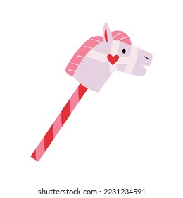 Cute xmas straight stick grey horse with white bridle with heart. Wooden hobby horse toy. Childs wooden riding toy animal for baby. Cowboy kid toy. Merry Christmas and New Year. Flat vector.