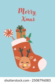 Cute xmas vertical greeting card with socks and candy cane, presents. Hand drawn vector illustration. Flat cartoon xmas background.