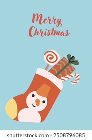 Cute xmas vertical greeting card with socks and candy cane, presents. Hand drawn vector illustration. Flat cartoon xmas background.