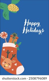 Cute xmas vertical greeting card with socks and candy cane, presents. Hand drawn vector illustration. Flat cartoon xmas background.