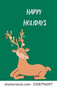 Cute xmas vertical greeting card with deer and ornate bauble and festive decorations. Hand drawn vector illustration. Flat design. Merry xmas postcard or banner cartoon flat illustration.