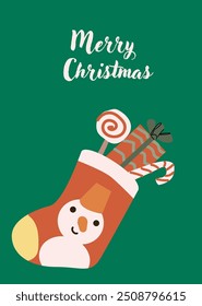 Cute xmas vertical greeting card with socks and candy cane, presents. Hand drawn vector illustration. Flat cartoon xmas background.
