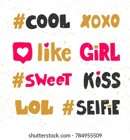 cute xoxo like girl sweet kiss lol selfie hand drawn hashtags stickers for social media content web banners or web site