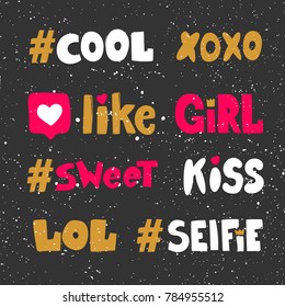 cute xoxo like girl sweet kiss lol selfie hand drawn hashtags stickers for social media content web banners or web site