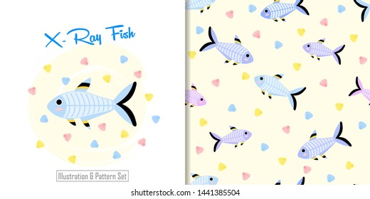 cute x-ray fish animal cartoon seamless pattern with illustrations card set