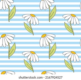 Cute y2k 00s seamless pattern with blue white stripe and doodle daisy chamomile flower. Fashion textile print, girlish wallpaper design. Vector illustration background.