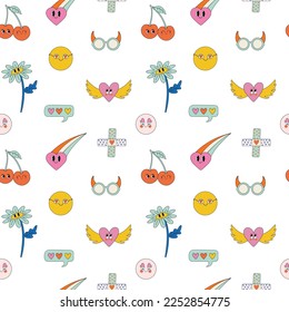 Cute y2k 90s themed seamless pattern with heart, cherry, flower motif. 