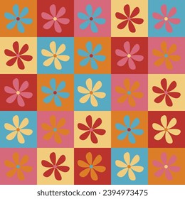Cute y2k bright spring patchwork minimalist floral seamless pattern background print. Сolorful checkerboard backdrop. Modern, trendy, bright vector design wallpaper