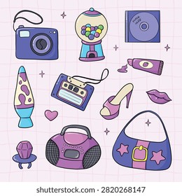 Cute Y2K doodle clipart set featuring nostalgic accessories for stickers, planners, branding, social media, and printable designs. EPS 10