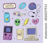 Cute y2k doodles collection for stickers, prints, cards, posters, banners, stationery, social media visuals, etc. Retro computer, cd player, cinema tickets, cartoon heart, soda, stars, etc. EPS 10