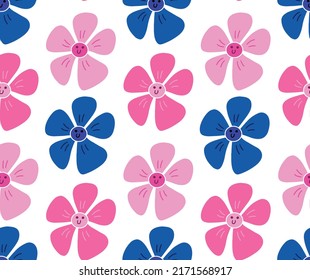 Cute y2k floral seamless pattern background with daisy flower smile face. Pink and blue smiling flowers on white backdrop. Print, wallpaper, vector texture.