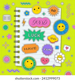 Cute Y2k Notebook Paper Page Template. Cool Note With Pop Art Stickers. Kawai Patches Illustration. Good Luck Funny Artwork.