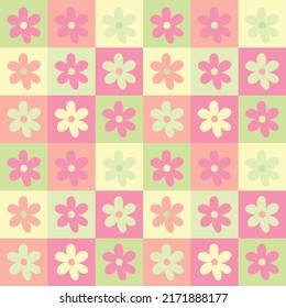 Cute y2k-Flickenteppichboden, nahtloser floraler Muster-Hintergrund. Pastellfarbene Schachtel-Hintergrund. Modernes, trendiges, helles Vektordesign für Textil, Druck, Tapeten