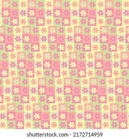 Cute y2k patchwork floral seamless pattern background. Danish Pastel checkerboard backdrop. Modern, trendy, bright vector design for textile, print, wallpaper.