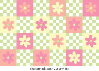 Cute y2k patchwork floral seamless pattern background. Pastel colored checkerboard and daisy backdrop. Modern, trendy, bright vector design, danish pastel trendy print for textile, wallpaper.