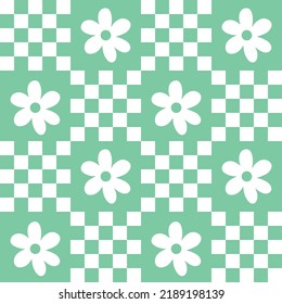 Cute y2k patchwork floral seamless pattern background, teal turquoise green monochrome checkerboard and daisy backdrop. Modern, trendy vector design, aesthetic print for textile, wallpaper