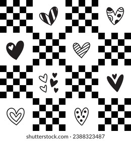 Cute y2k patchwork seamless pattern background, black and white monochrome checkerboard and hand drawn hearts doodle backdrop. Modern, trendy vector design, aesthetic print for textile, wallpaper