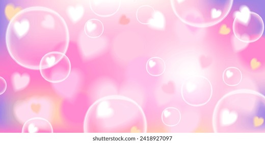 Cute y2k pink kawaii background with bubbles and hearts. Stock vector illustration in cartoon anime style. Teenage girl vibe banner. Can be used as wallpaper.