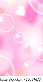 Cute y2k pink kawaii story background with bubbles and hearts. Stock vector illustration in cartoon anime style.