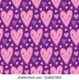 Cute y2k seamless pattern background with hearts with smile face on purple background. Bright vector backdrop, retro 90s nostalgic print, wallpaper