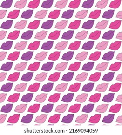 Cute Y2k Seamless Pattern Background With Lips Icon, Different Purple Shade. Cute Girlish Geometric Repeat Vector Backdrop, Retro 90s Print, 2000s Wallpaper Design.