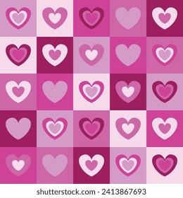 Cute y2k seamless pattern with colorful hearts. Сolorful checkerboard backdrop. Vector illustration
