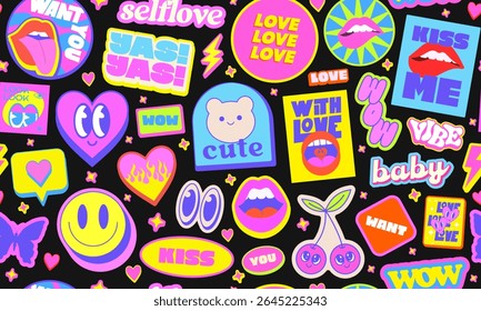 Cute Y2k Seamless Pattern Pop Art Design. Cool Funky Groovy Stickers Collage Illustration. Funny Cartoon Characters Vector Background. Smile Patches.