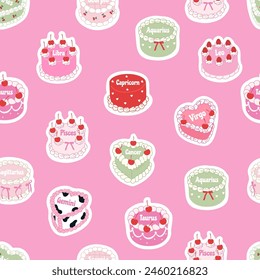 Cute Y2K zodiac cakes seamless pattern. Trendy pink wallpaper with zodiac signs. Vector