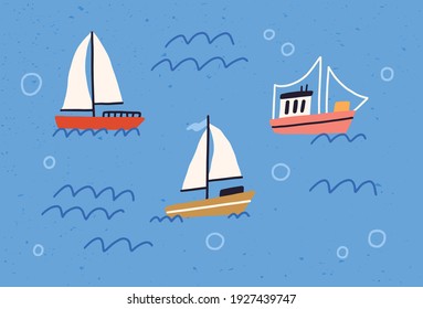 Cute yachts, boats and ships with sails floating in sea or ocean. Baby sailboats in water. Colored flat textured vector illustration of little marine vessels