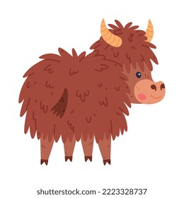 Cute Yak Character with Dense Fur and Horns in Standing Pose Back View Vector Illustration