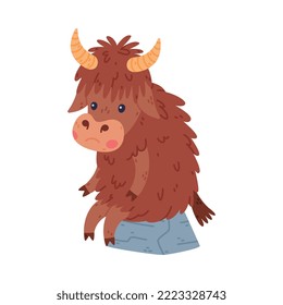 Cute Yak Character with Dense Fur and Horns Sitting on Stone with Sad Face Vector Illustration
