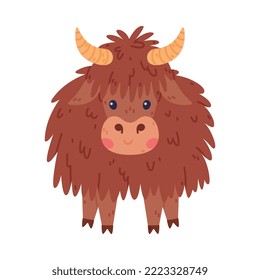 Cute Yak Character with Dense Fur and Horns in Standing Pose Vector Illustration