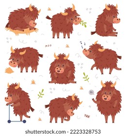 Cute Yak Character with Dense Fur and Horns Engaged in Different Activity Vector Set