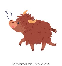 Cute Yak Character with Dense Fur and Horns Walking and Singing Vector Illustration