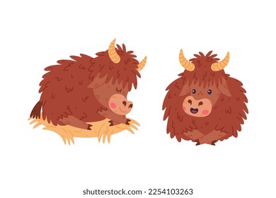 Cute Yak Character with Dense Fur and Horns Sitting Vector Set
