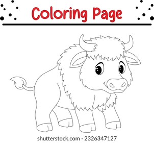Cute Yak coloring page for kids. Yak cartoon vector art and illustration