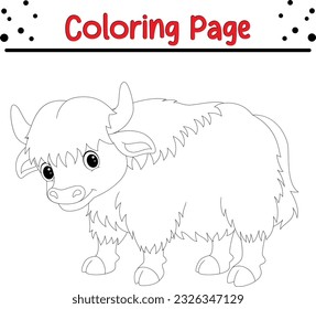 Cute Yak coloring page for kids. Yak cartoon vector art and illustration