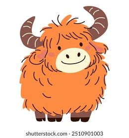 Cute yak on white background. Flat vector illustration in simple child style 