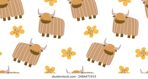 Cute yak seamless pattern. animal cartoon character. flat vector illustration. Template for Notebook covers, pattern for wallpapers, textile or nature background. childish motifs, wildlife theme