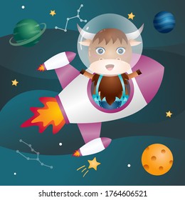 Cute yak in the space galaxy. vector illustration