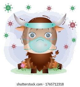 cute yak using face shield and mask.  Covid-19,  coronavirus vector illustration