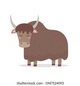 Cute yak, vector childish illustration in flat style. For poster, greeting card and baby design.