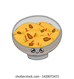 A cute Yakisoba bowl in Japan kawaii style. Yakisoba isolated on white background. Happy cartoon character anime with a funny face. Vector illustration. Traditional Japanese cuisine dish.