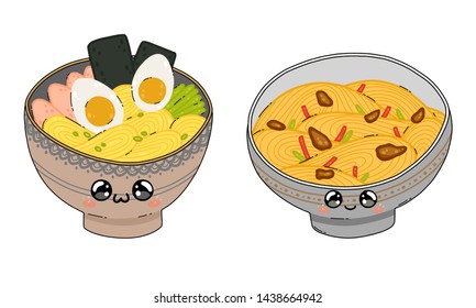 A cute Yakisoba and Ramen noodle soup bowl in Japan kawaii style isolated on white background. Happy cartoon character anime with a funny face. Vector illustration. Traditional Japanese cuisine dish.