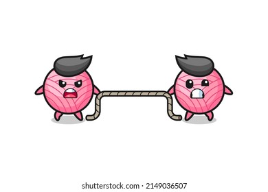 cute yarn ball character is playing tug of war game , cute design