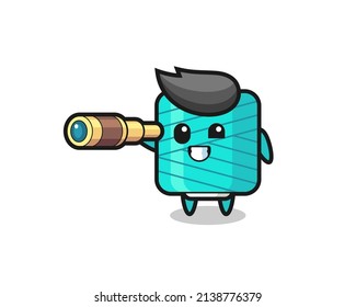 cute yarn spool character is holding an old telescope , cute style design for t shirt, sticker, logo element