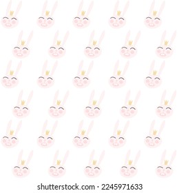 Cute yawning bunny with crown. Pastel shades seamless pattern. Kids cloth, fabric, baby textile. Easter wrapping paper, wallpaper, background. Light pink spring childish design. Decoration backdrop